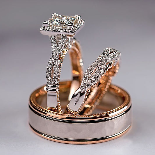 Huitan Luxury Princess Cut Cubic Zircon Bridal Marriage Set Rings Elegant Acces