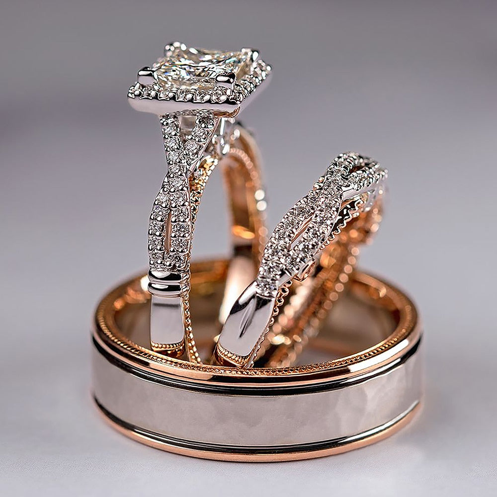 Huitan Luxury Princess Cut Cubic Zircon Bridal Marriage Set Rings Elegant Acces