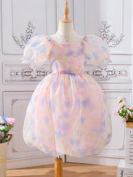 Girls Tie Dye Puff Sleeve Organza Dress