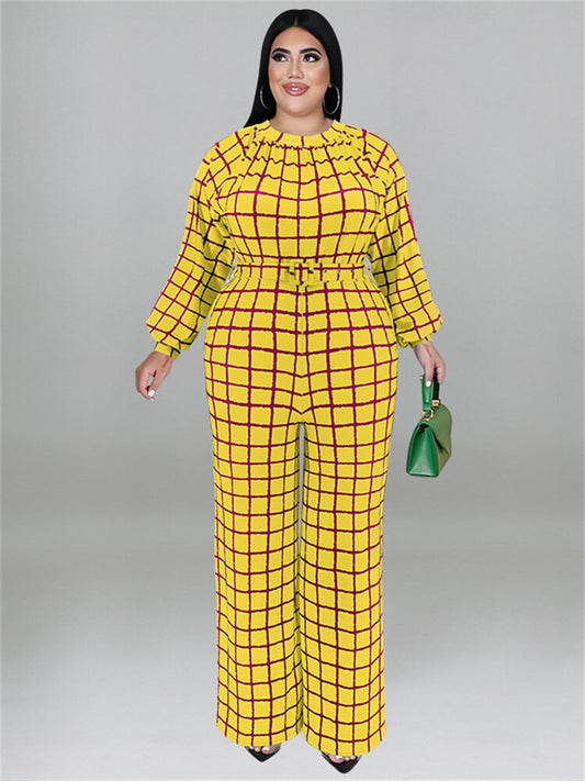 Wmstar Plus Size Jumpsuit Women With Belt Plaid One Piece Outfits Casual Wide Le