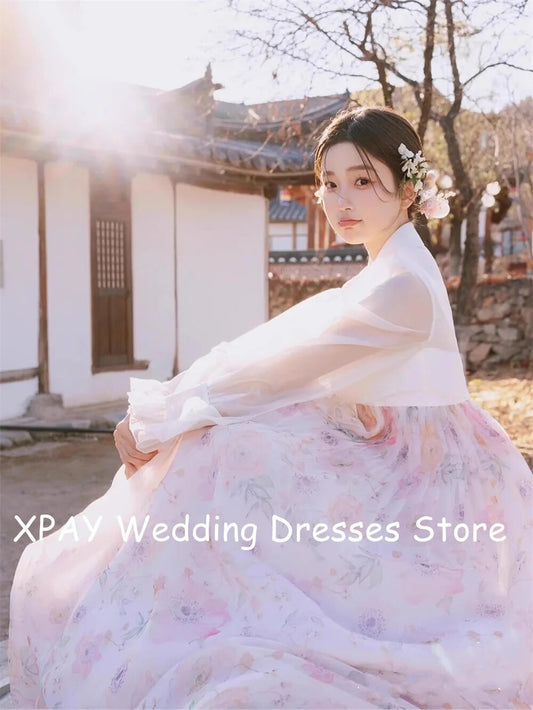 XPAY V Neck Long Sleeves Korea Wedding Dresses For Wedding Photo Shoot Organza