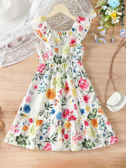 Girls Floral Print Ruffle Hem Dress