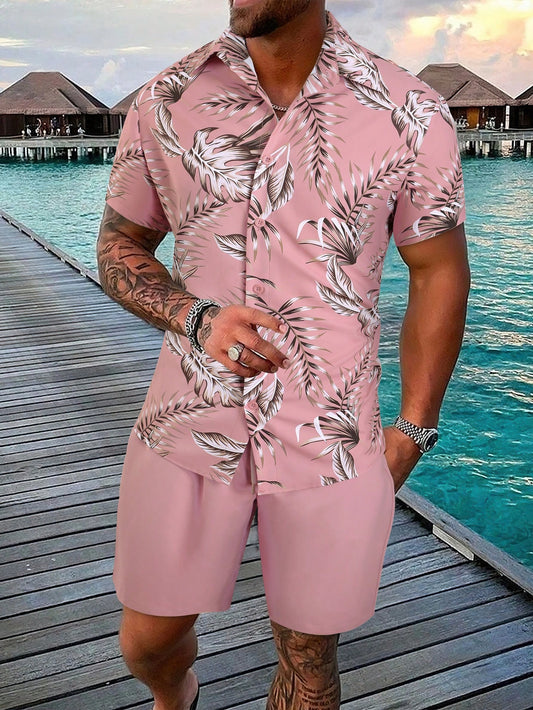 Manfinity RSRT Men Tropical Print Shirt & Drawstring Waist Shorts Without Tee