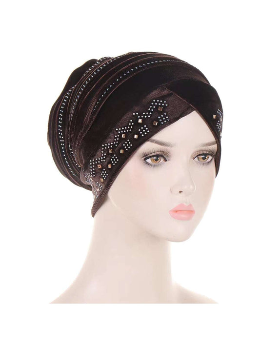 European And American Style Velvet Rhinestone Decor Head Wrap Muslim Turban Fol