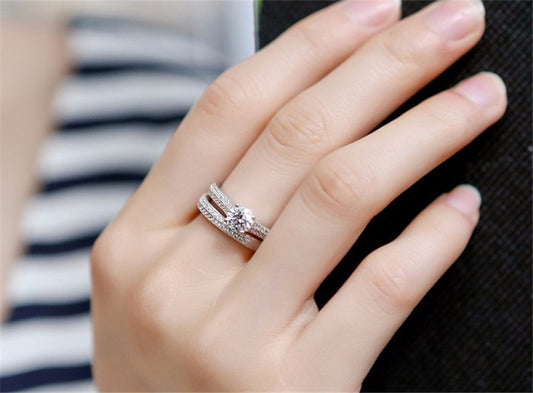 CC Rings For Women Silver Color Double Stackable Fashion Jewelry Bridal Sets