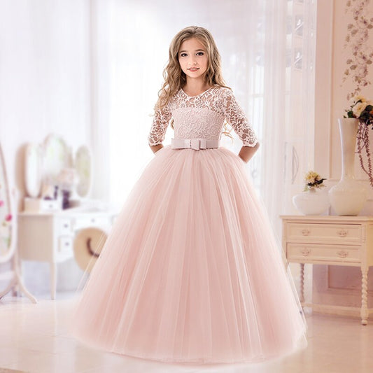 5-14 Year Bridesmaid Girl Lace White Flower Dress For Wedding Ceremony