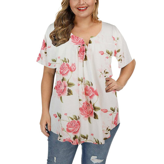 2022 Fashion Women Plus Size Floral Print Tunic Tops Buttoned Pleated Short Sle