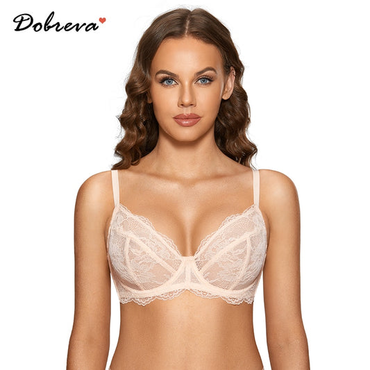 DOBREVA Women's Floral Lace Bra See Through Plunge Sheer Bras Transparent Underw