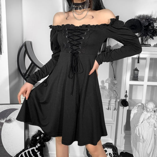 New Vintage Elegant Lace Up Goth Retro Party Dresses Women Gothic Punk