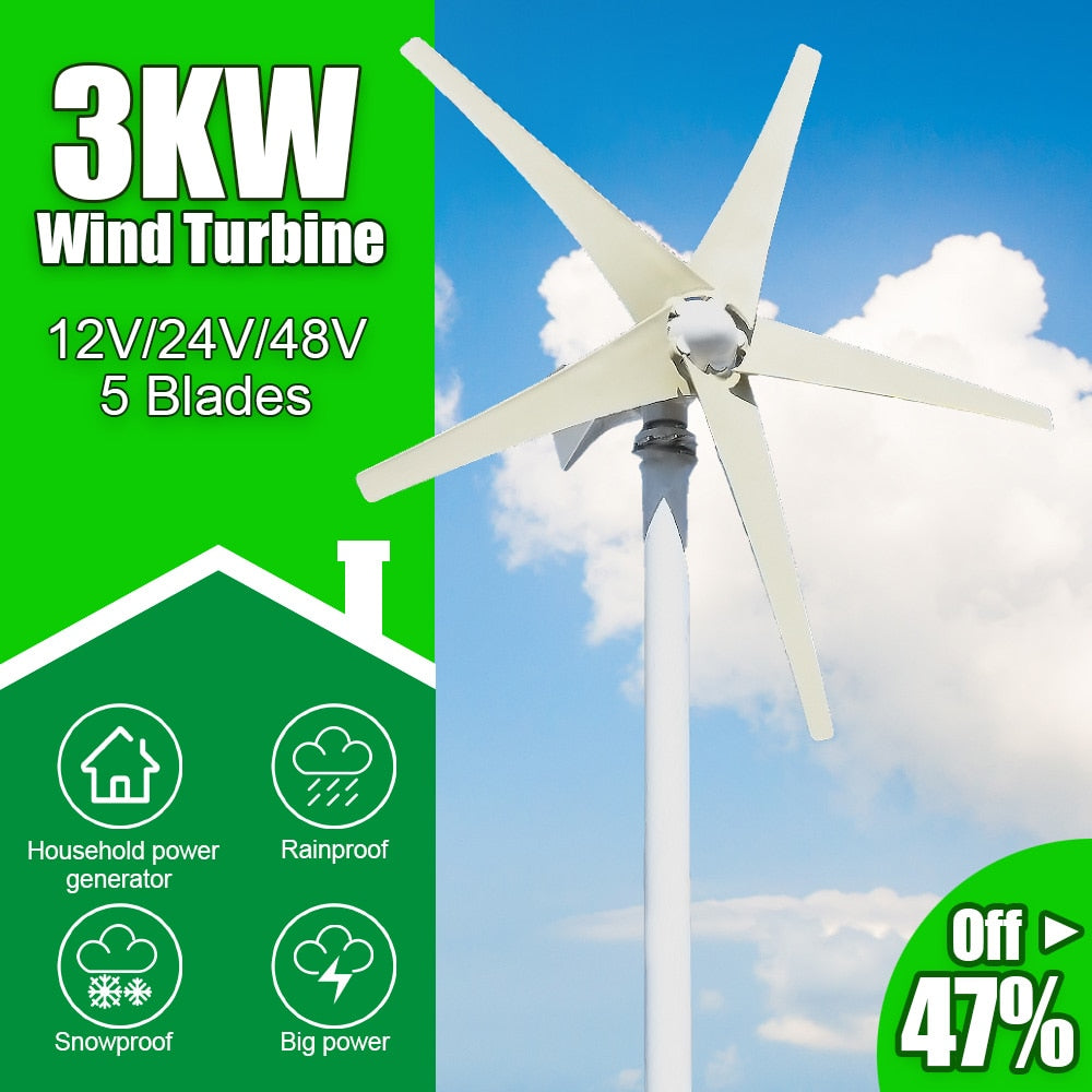 3000W 5 Blades Free Energy Windmill 12V 24V 48V Wind Power Small Wind Turbine Ge