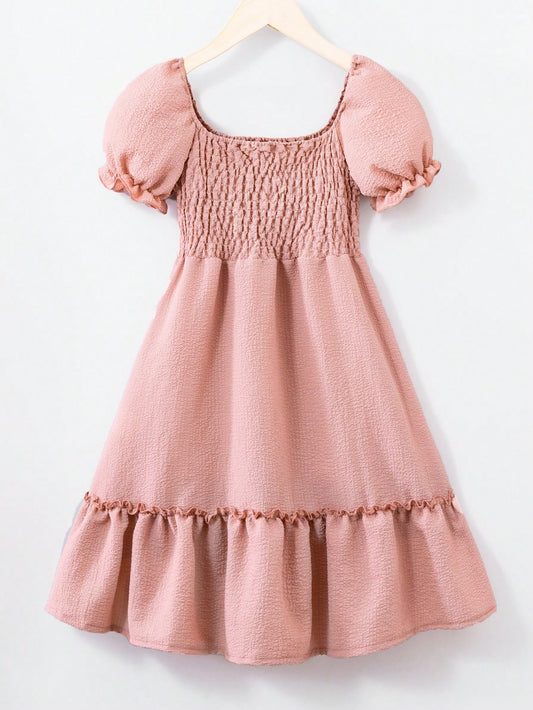 Girls Swiss Dot Shirred Ruffle Hem Dress