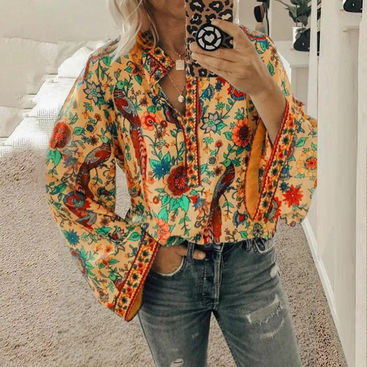 Women Floral Boho Tunic Tops Ladies Long Sleeve Print Bell Sleeve Blouse T Shir