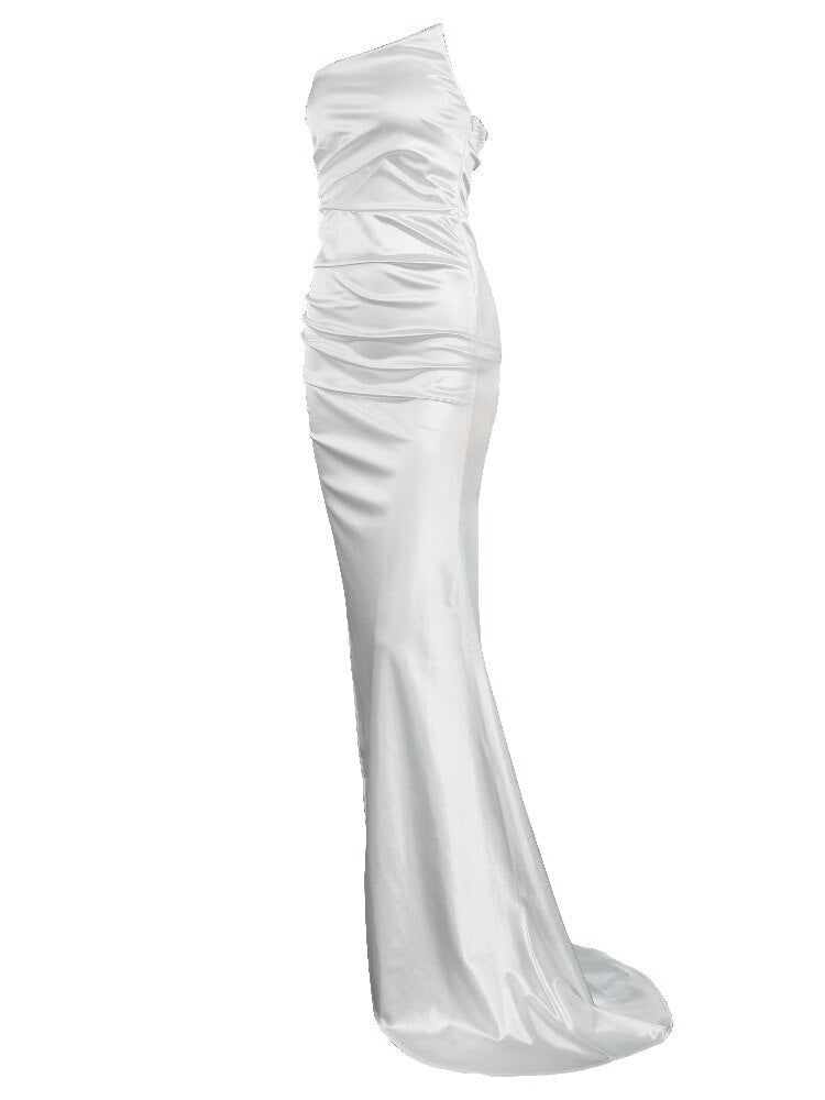 Spring Women Backless Satin Stretch Wedding Evening Party Dress Strapless FoldR