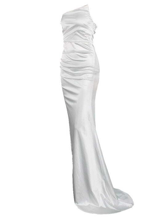 Spring Women Backless Satin Stretch Wedding Evening Party Dress Strapless FoldR