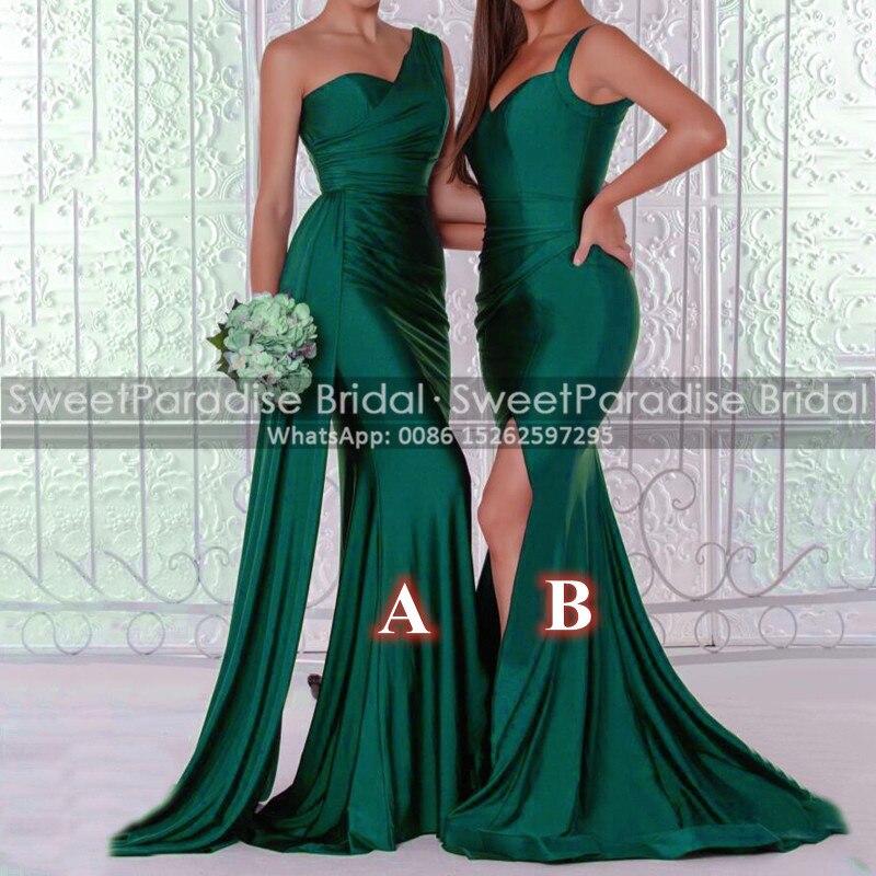 Emerald Green Mermaid Streamer Bridesmaid Dresses With Side Split Spaghetti Stra