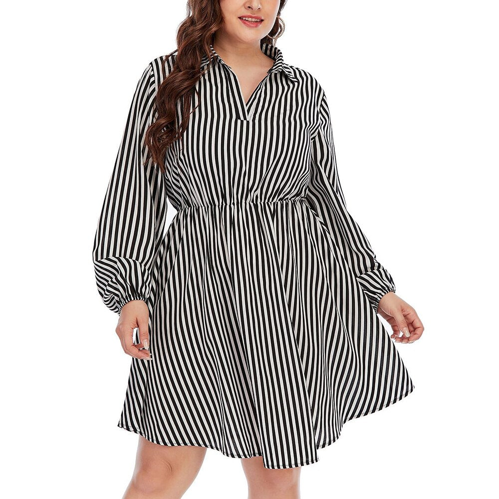 SHESTARR Big Size Dress Lapel Collar V Neck Long Sleeve Striped Regular Elastic