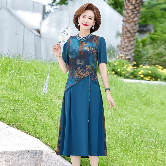 Woman Cheongsam Collar Casualsilk Chiffon Dress Women Short Sleeve retro Womens