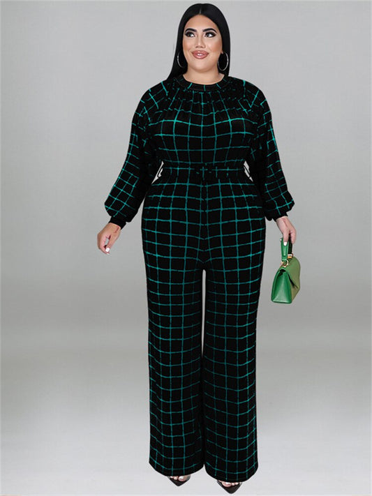 Wmstar Plus Size Jumpsuit Women With Belt Plaid One Piece Outfits Casual Wide Le