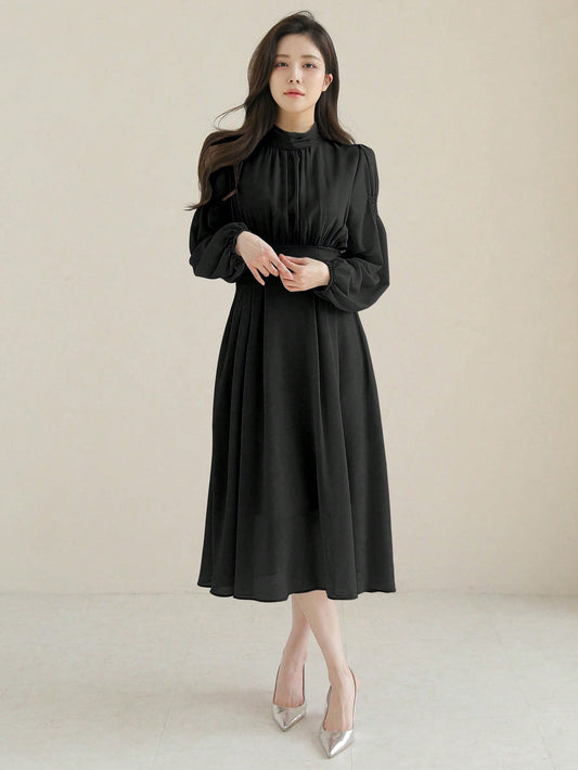 DAZY Mock Neck Lantern Sleeve Dress