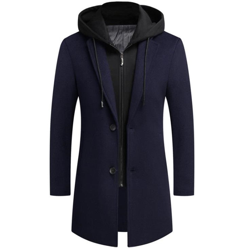 2023 Autumn Winter Men's Hooded Wool Jacket Autumn Mens Long Windproof Wool Coa