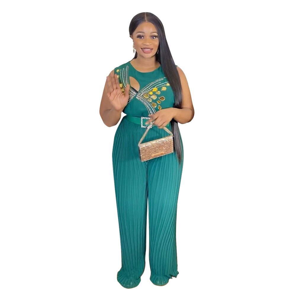 Plus Size Women Jumpsuit Sleeveless Rhinestone One Piece Outfit Summer Lady Casu