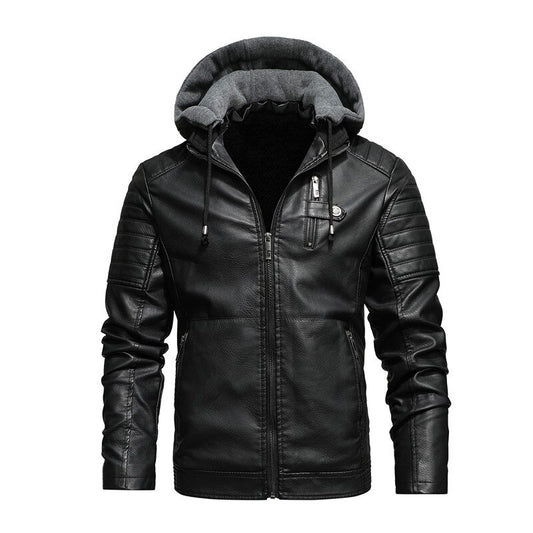 Winter PU Faux Leather Jacket Men Solid Color Fleece Hoodie Motorcylce Jackets F