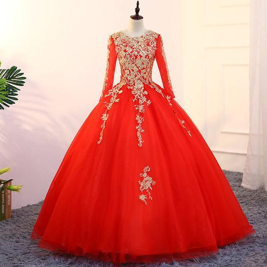 Long Sleeves Party Dress Quinceanera Dresses With Train Luxury Lace Prom Dress E