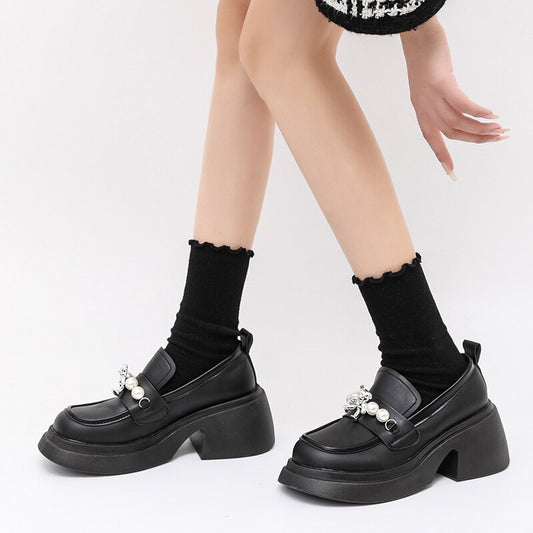 Bear Pearl Platform Lolita Gothic Shoes Woman Spring College Style Patent Leath