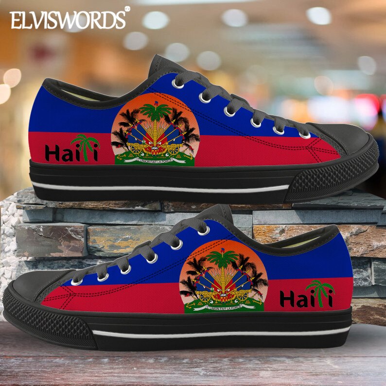 ELVISWORDS Brand Design Haiti Flags Canvas Sneaker for Women Men Leisure Vulca