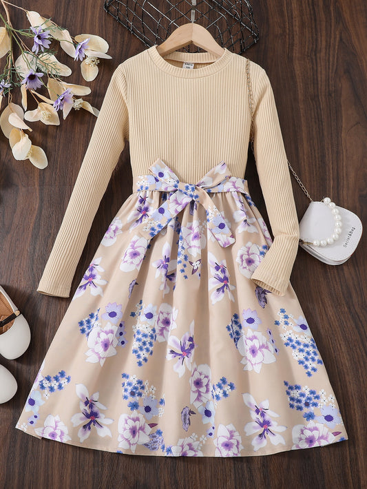 Girls Floral Print Belted Dress