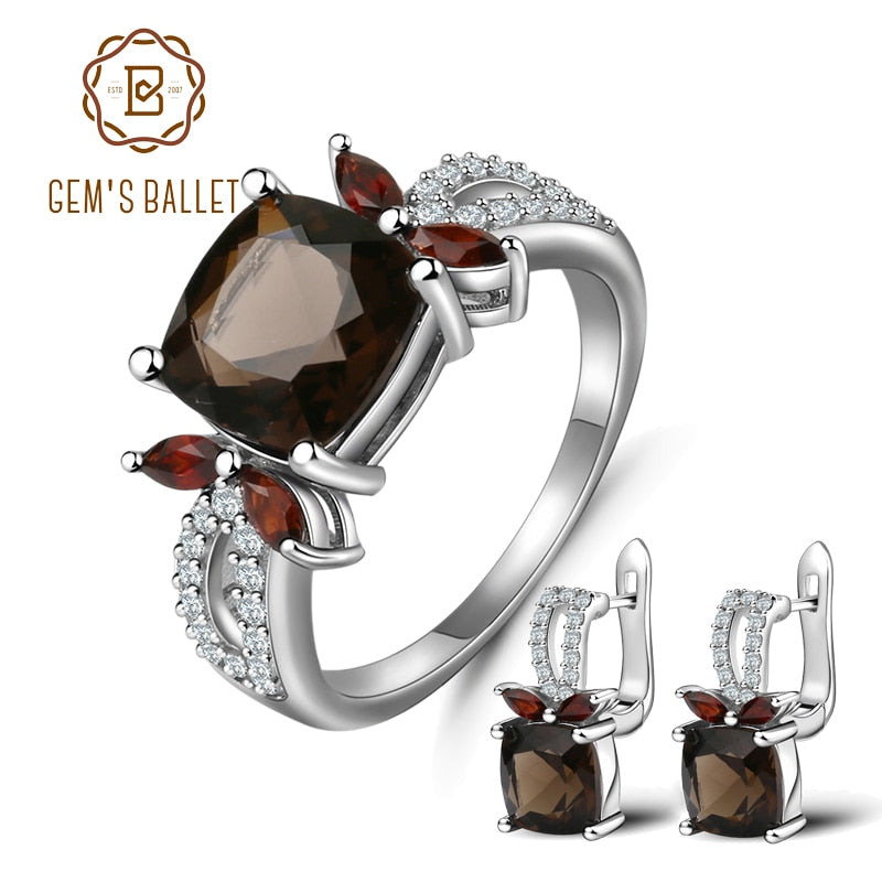 GEM'S BALLET Natural Smoky Quartz Garnet Rings Clip Earrings Genuine 925