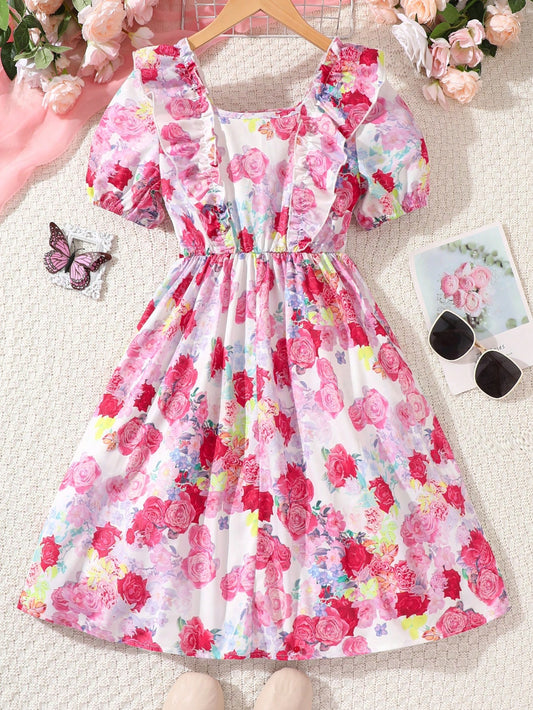 Girls Floral Print Ruffle Trim Bow Front Dress