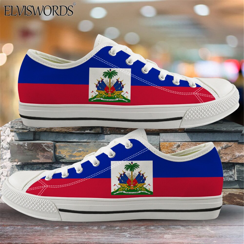 ELVISWORDS Brand Design Haiti Flags Canvas Sneaker for Women Men Leisure Vulca