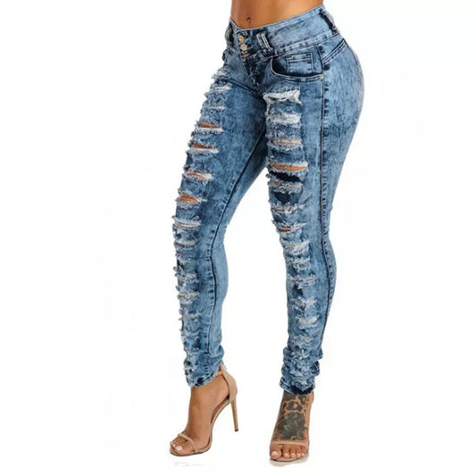 Gorgeous High Waist Pencil Jeans Casual Blue Ripped Denim Pants Lady Long Skinny