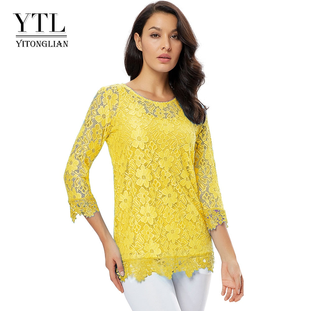 Yitonglian Ladies Vintage Allover Floral Lace Crochet Tops Plus Size Summer