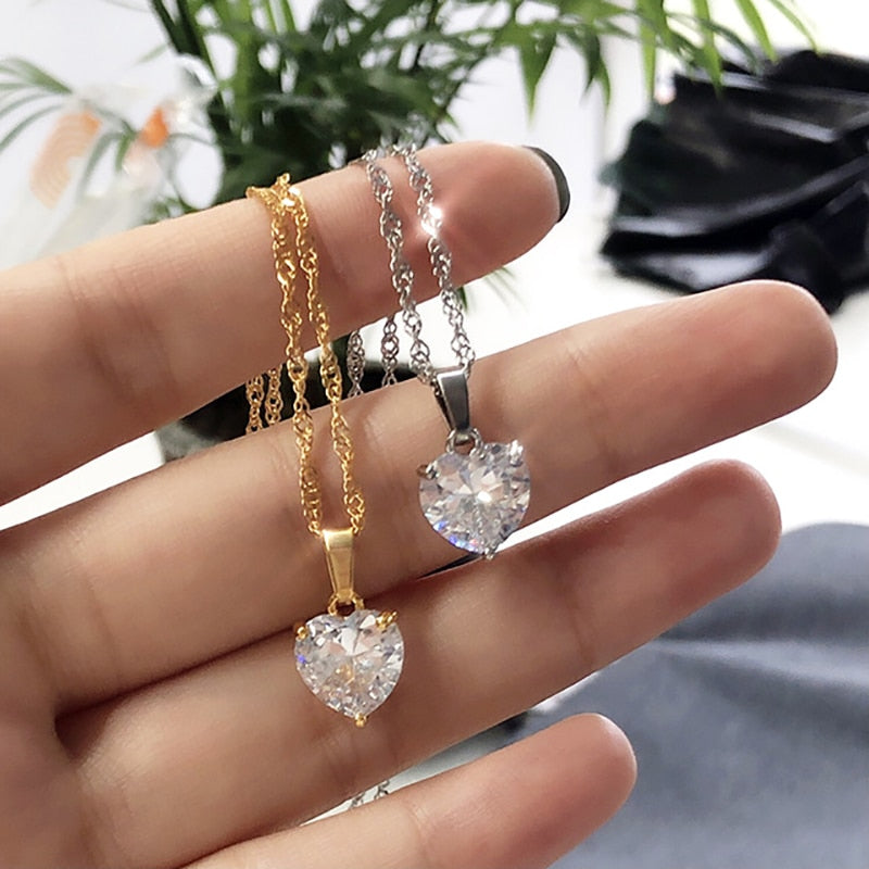 Heart Necklaces For Women Stainless Steel Gold Plated Chain Zircon Heart Pendan