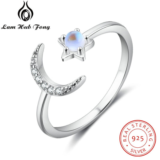 Real 925 Sterling Silver Crescent Moon And Star Ring Moonstone Ring with Zircon