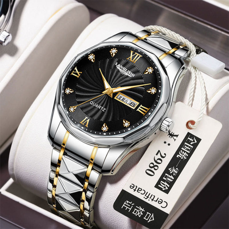 Men's Diamond Faced Steel Band Watch Waterproof Luminous Calendar Quartz Watch S