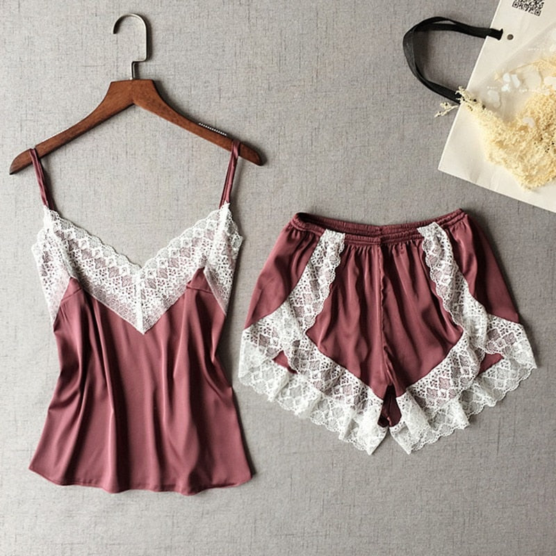 Cute Lingerie Women Sleepwear Satin White Lace Camisole Shorts V-Neck Tops