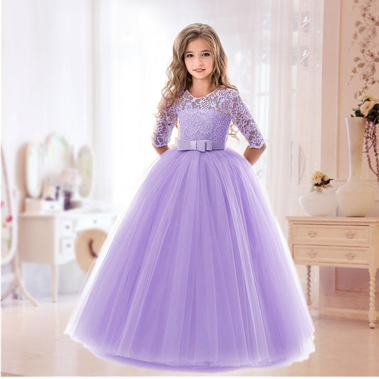 5-14 Year Bridesmaid Girl Lace White Flower Dress For Wedding Ceremony