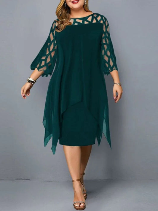 Elegant Midi Party Dress For Chubby Women Xxl O Neck Lace Sleeve Hollow Out Sol