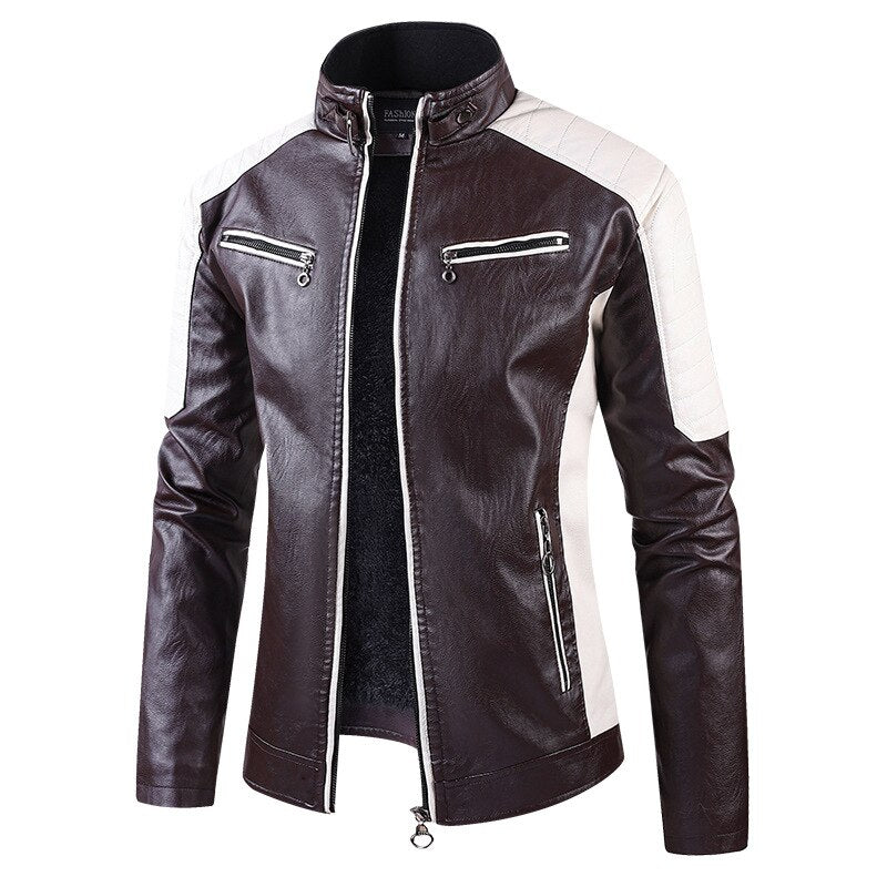 Men's Splicing Leather Bomber Jacket Fashion Motorcycle Jacket Retro Style Warm