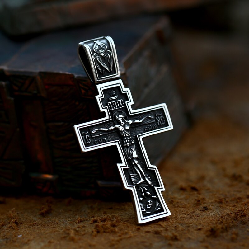 Jesus Cross Men's Stainless Steel Crucifix Eastern Orthodox Pendant Chain