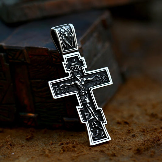 Jesus Cross Men's Stainless Steel Crucifix Eastern Orthodox Pendant Chain