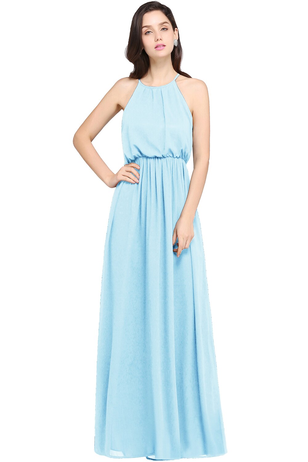 In Stock Simple Chiffon Bridesmaid Dresses A-Line Halter Sleeveless Elegant Form