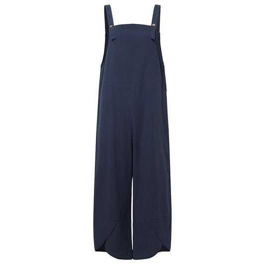 Women Rompers Casual Loose Solid Pockets Jumpsuit Overalls Linen Cotton