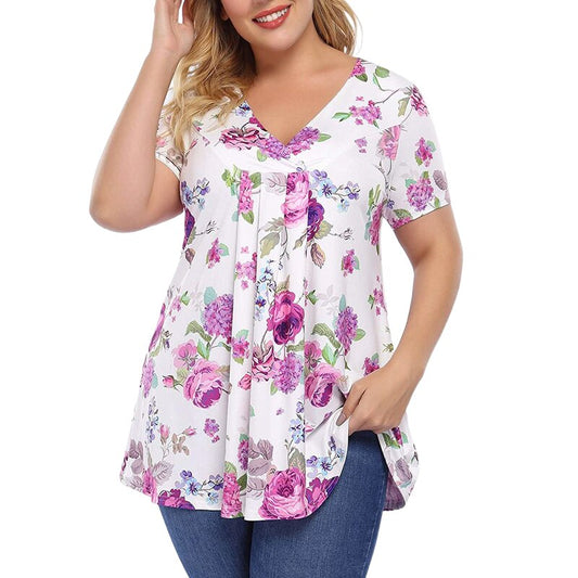 Plus Size Fashion Pleated Floral Tunic TShirt Casual Summer Ladies V-Neck Tunic