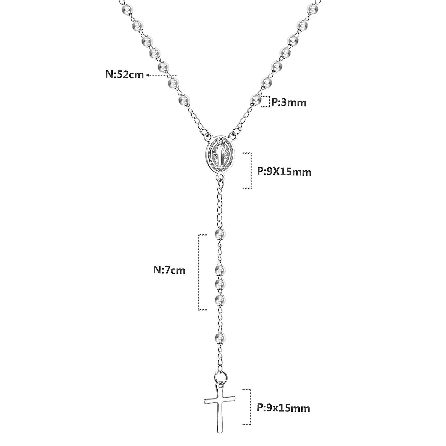 LUXUSTEEL Beads Jesus Cross Long Necklace For Women Men Stainless Steel Rosary