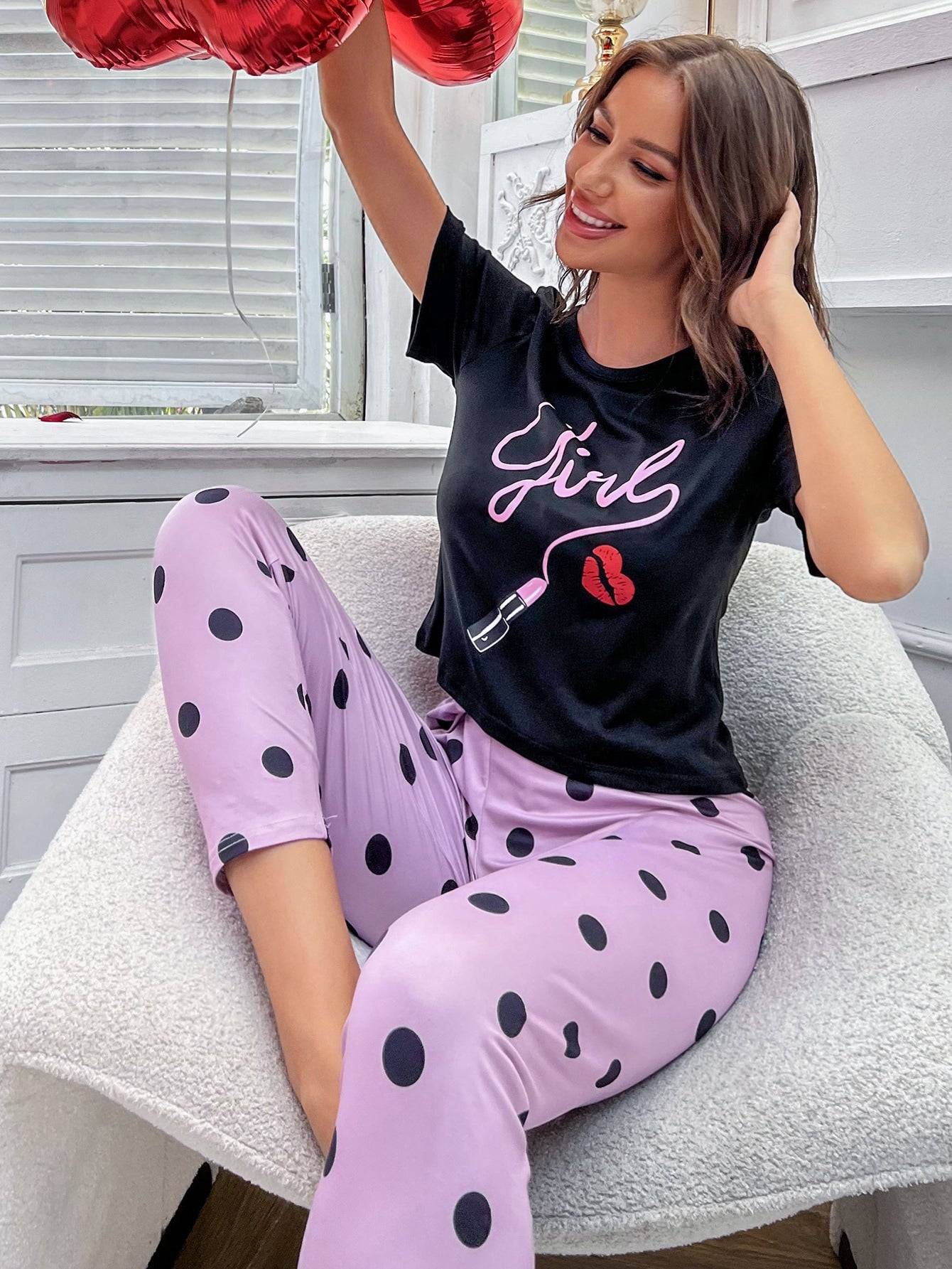 Lip Print Tee & Polka Dot Pants Pajama Set