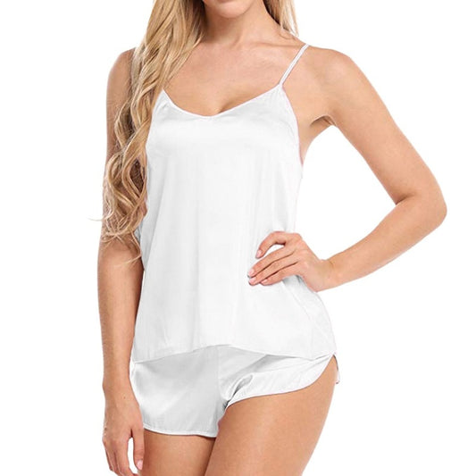 Cute Lingerie Women Sleepwear Satin White Lace Camisole Shorts V-Neck Tops